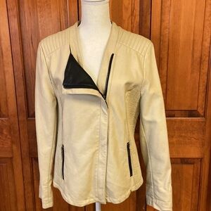 Alfani Faux Leather Moto Jacket Medium Black/Light Mustard Cream